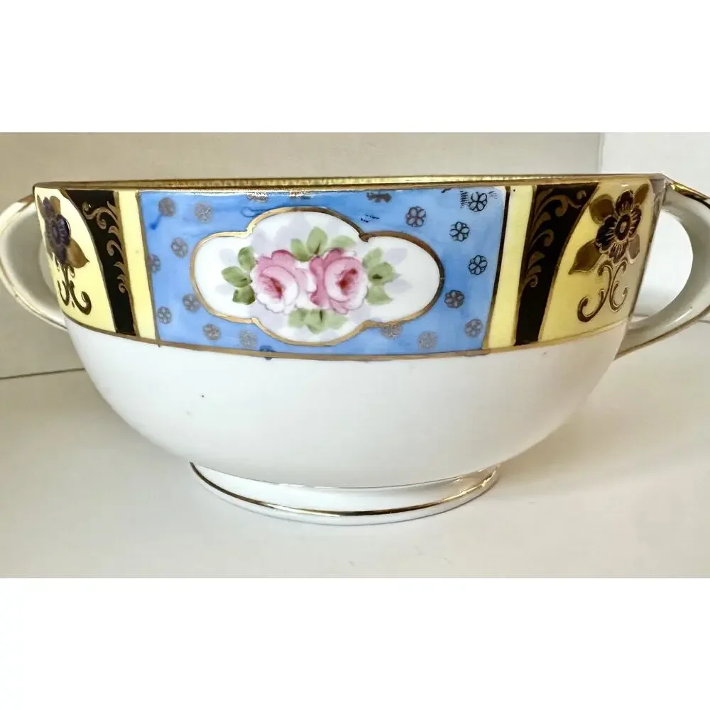 Antique Noritake Double Handled Cream Soup Bowl M Wreath Pink Rose 1921-1930